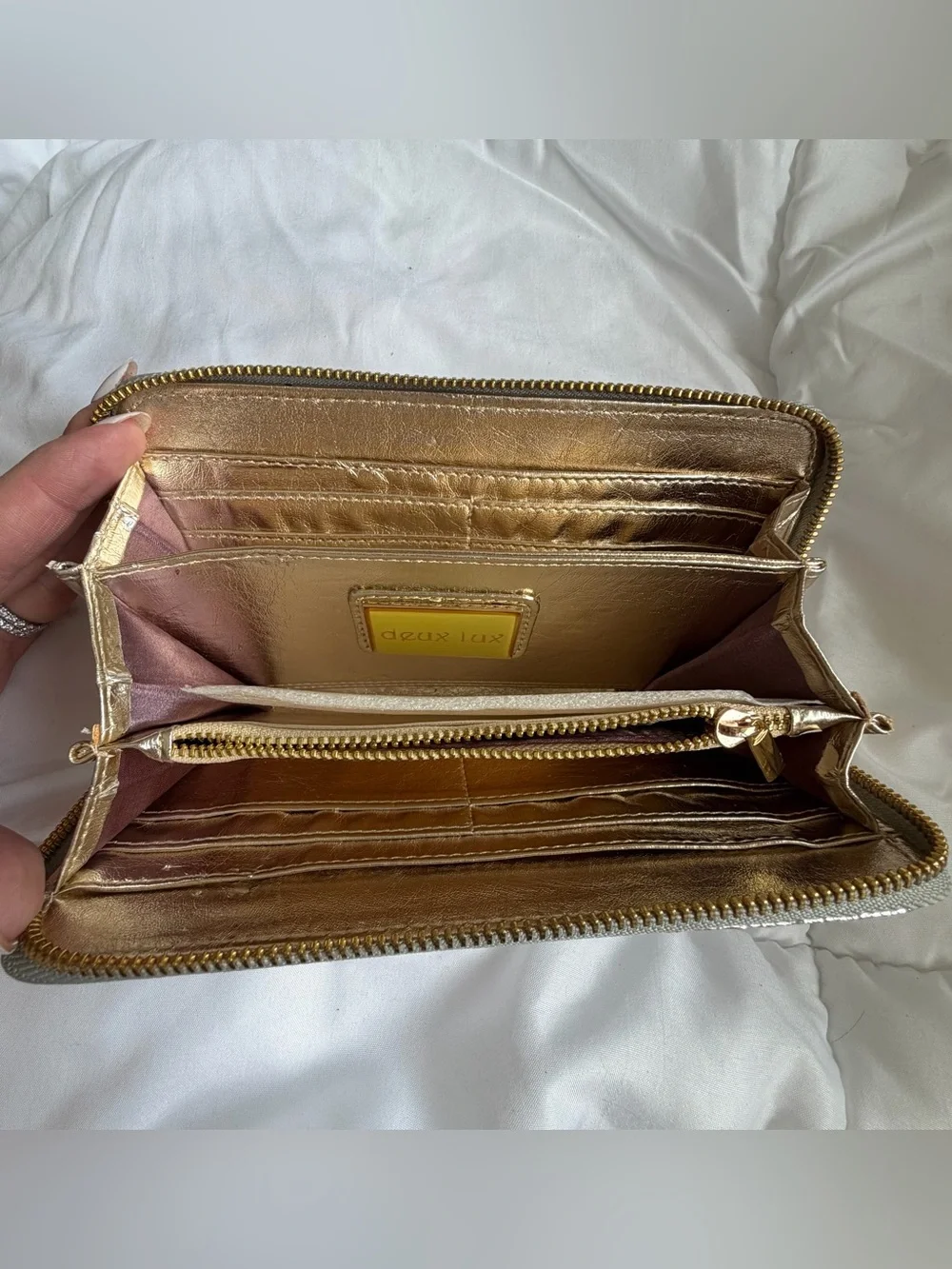 Brand New! Duex Lux Metallic Silver Cracked Leather Clutch Wallet